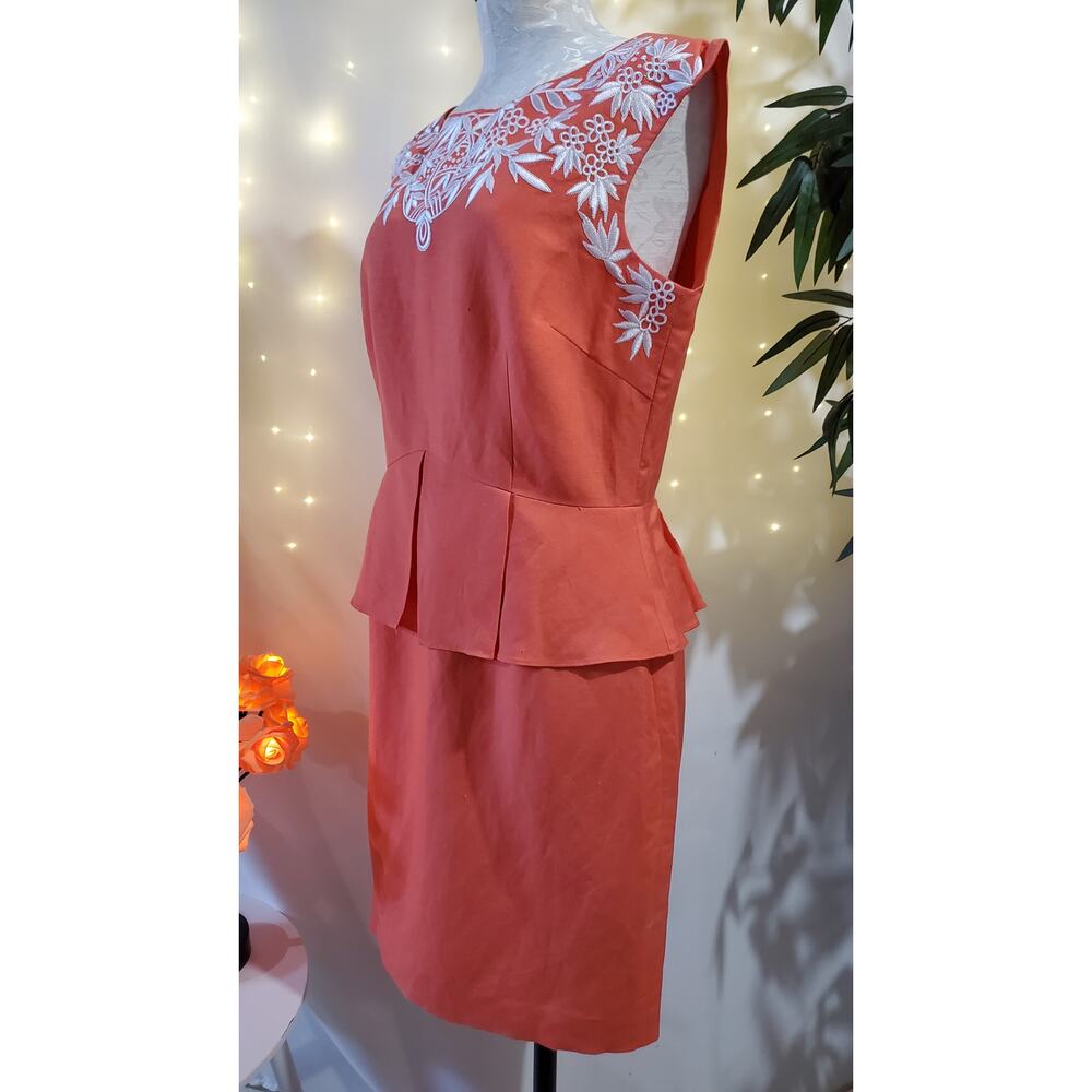 Antonio Melani Women's Peplum Dress Size 10 Embroidered Floral Linen/Rayon Coral - Picture 2 of 11